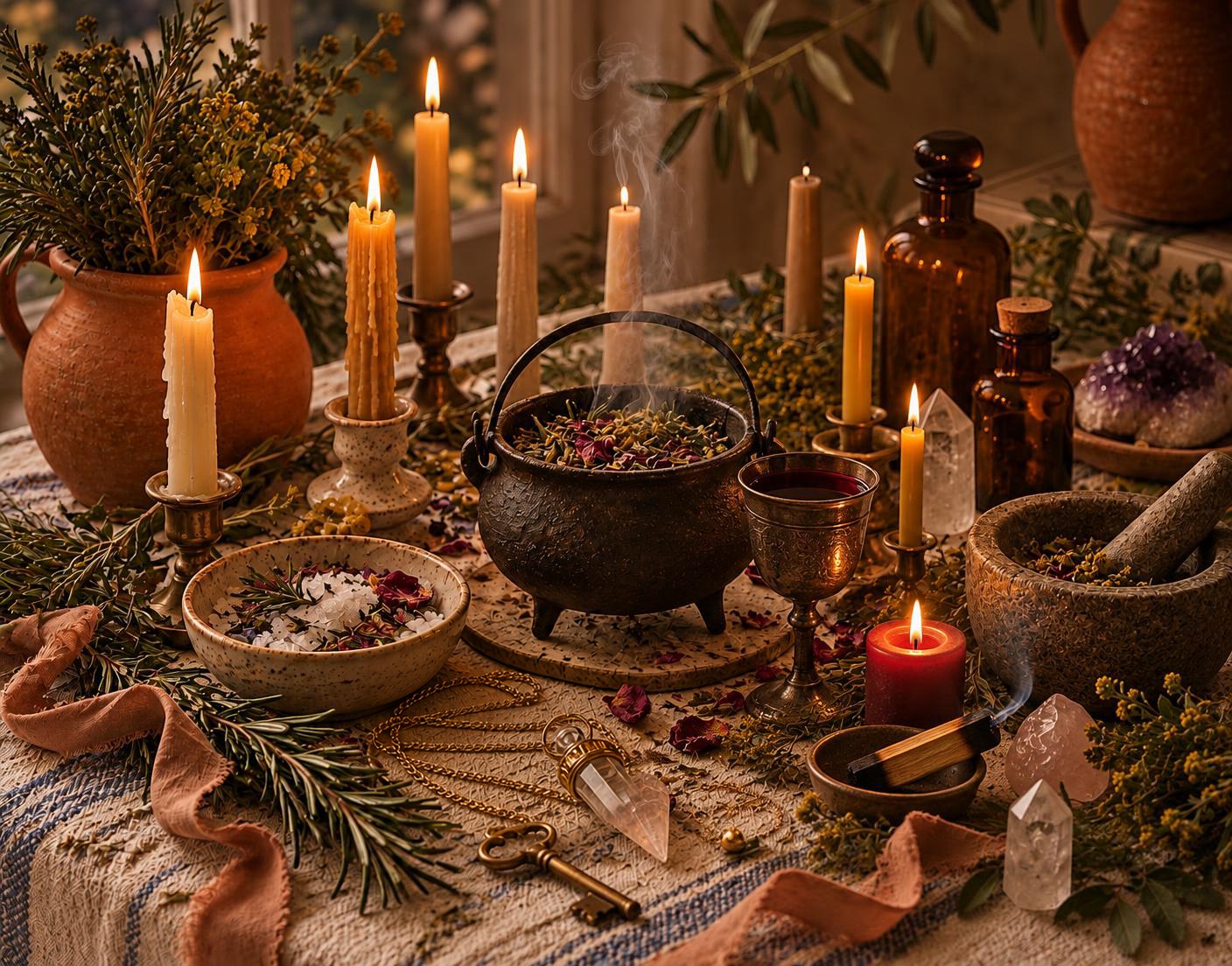 Mesa ritual com caldeirão, cálice de vinho, velas, palo santo aceso, chave dourada e pêndulo de cristal